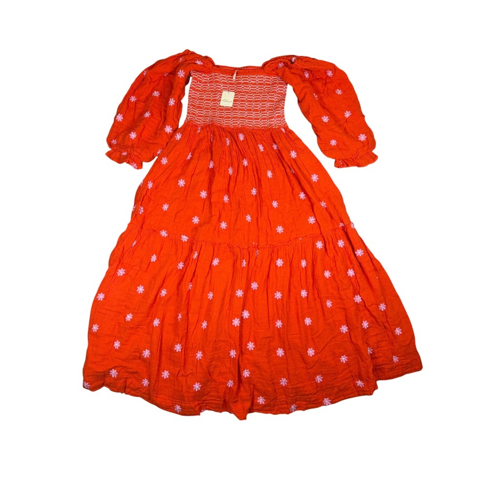 Free People Tangerine Combo Floral Embroidered Smocked Midi Dress M NWT - Picture 1 of 13
